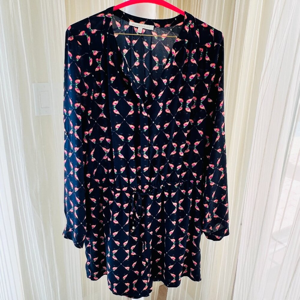 Daniel Rainn Romper Hummingbird Allover Roll-Up Sleeve Preppy Boho
